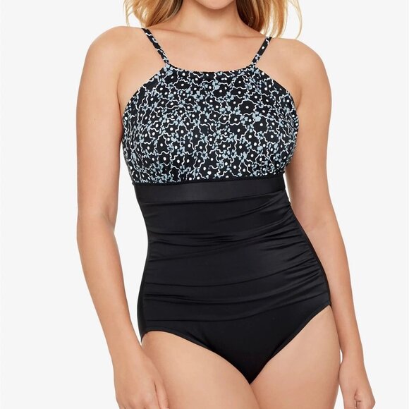 Swim Solutions Shirred High Neck One-Piece Swimsuit - Picture 1 of 2